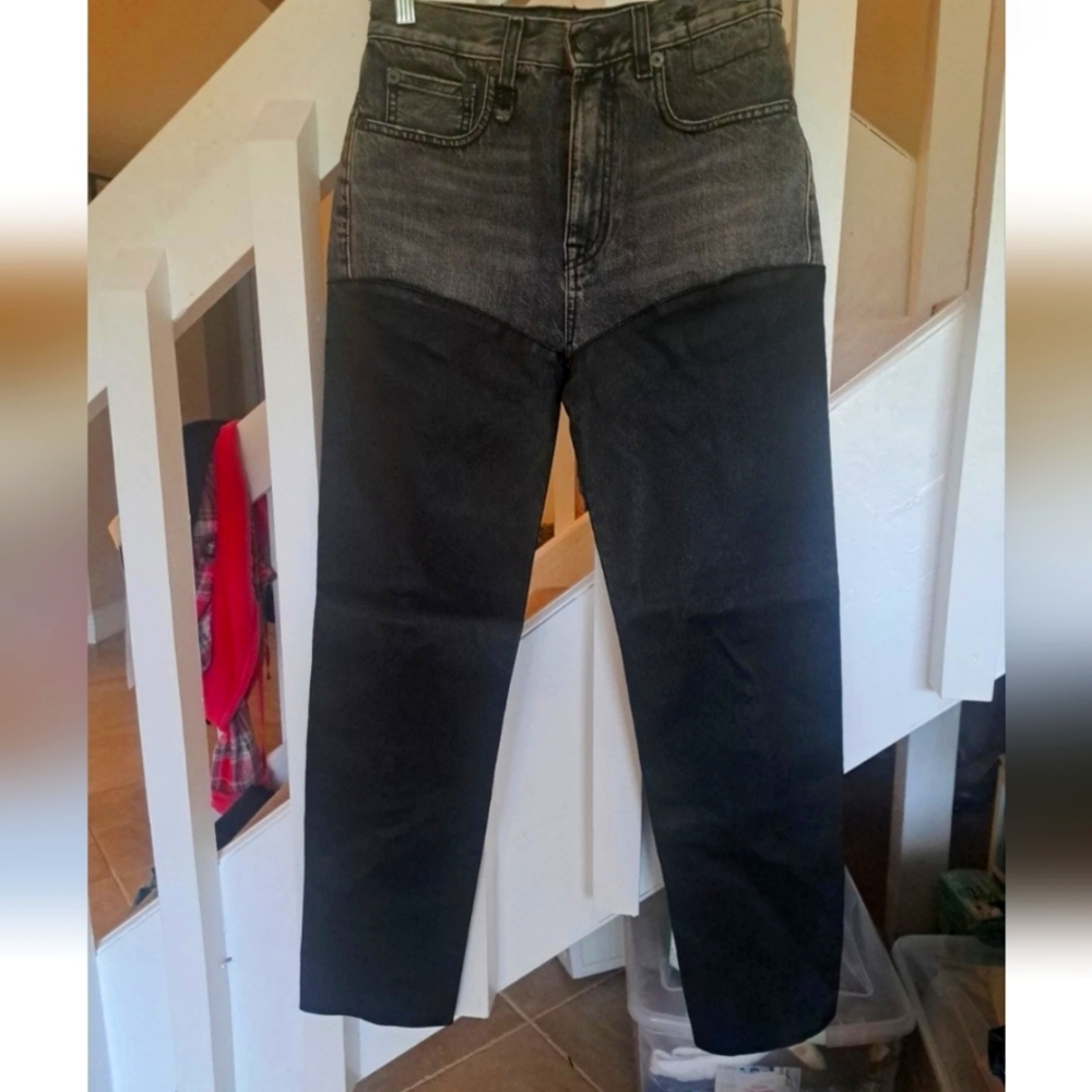 R13  Courtney Leather & Denim Chaps  Leyton Wash Black Leather & Grey Denim Sz25